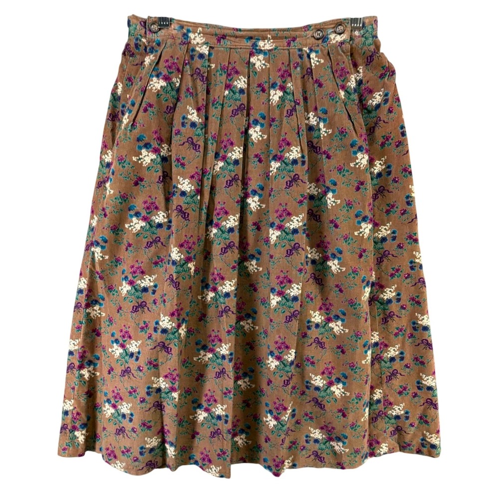 Vintage 90s Lands End Floral Corduroy Skirt Size 8 Brown Pleated A Line Cottage